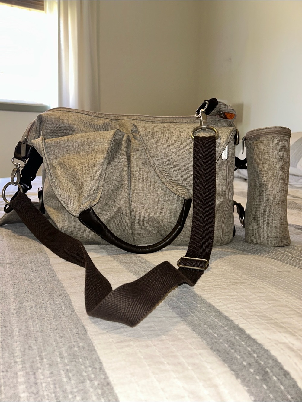 Neutral Grey Canvas Diaper/ Change Bag with insulates Bottle Holder